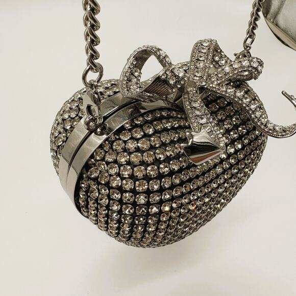 Self Portrait Silver Crystal Bow Heart Evening Bag & Chain Strap - Picture 5 of 12